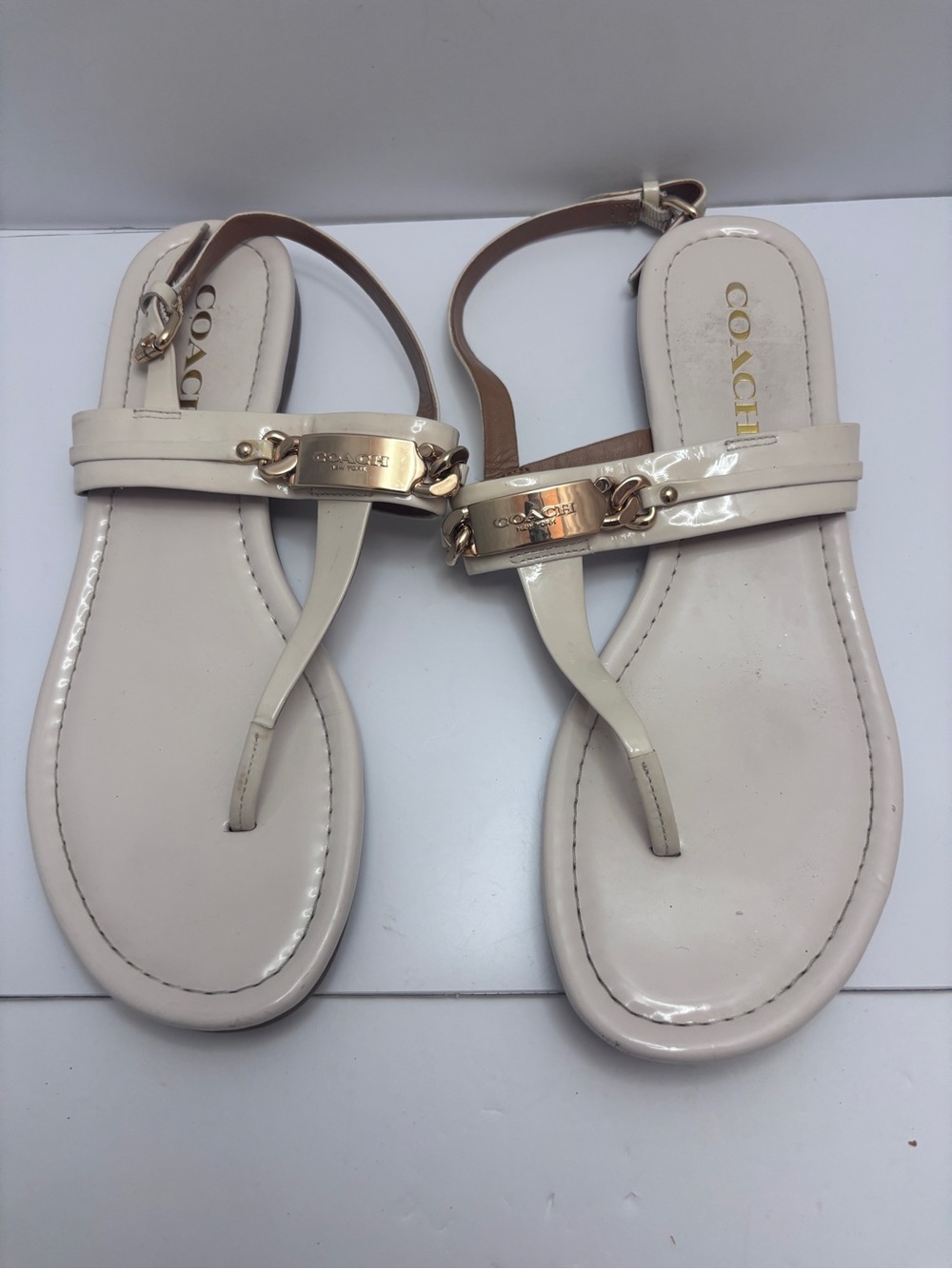 COACH Women's Ivory Patent Leather T-Strap Sandals BROKEN